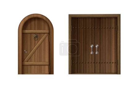 Illustration for Realistic vector icon set. Old antique wooden doors with golden and hrome handles, arched and square. - Royalty Free Image