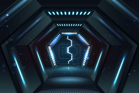 Illustration for Realistic vector illustration banner. Sliding hexagonal opening doors with neon lights and corridor. - Royalty Free Image
