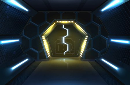 realistic vector illustration banner. Sci-fi sliding spaceship metal doors with neon lightning.