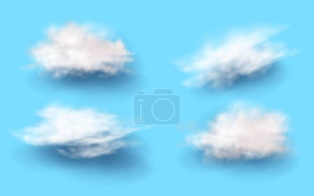Ilustración de Conjunto de iconos de vector realista. Colección de nubes blancas sobre fondo azul. - Imagen libre de derechos