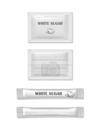 Illustration for Realistic vector icon illustration. Rectangular sugar sachet. Cane and white sugar. Front and back view. - Royalty Free Image