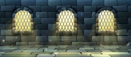 Illustration for Cartoon style illustration banner for web video games. Old arc windows and glowy mystery light coming in castle. Brick wall. - Royalty Free Image