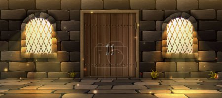 Illustration for Cartoon style illustration banner for web video games. Old wooden door with arc windows and glowy mystery light coming in. Brick wall. - Royalty Free Image