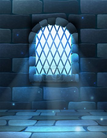 Illustration for Backound Old castle walls with window and moon light glow with sparkles. - Royalty Free Image