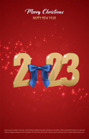 Illustration for Vector illustration Merry Christmas and happy new year background. Holiday greeting banner, flyer and card. gold 2023 with a bow. - Royalty Free Image