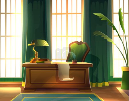 Illustration for Cartoon style illustration. Cabinet or working desk, writer wooden table with paper, books and green lamp. Old interior with big windows and long curtains. - Royalty Free Image