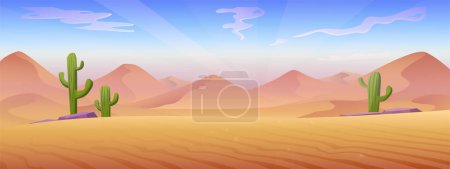Téléchargez les illustrations : Cartoon style illustration. Desert landscape with sand dunes and stones with cactuses. - en licence libre de droit