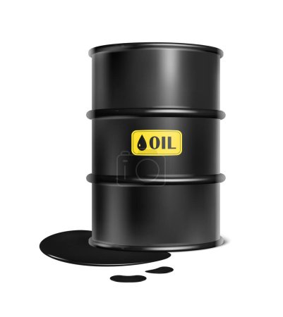 realistic vector illustration. Black oil barrel with spilled black liquid.