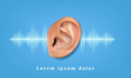 Illustration for Hearing test banner background. Realistic 3d vector icon of human ear. - Royalty Free Image