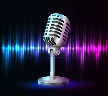 Téléchargez les illustrations : Icône vectorielle réaliste 3d du microphone avec des ondes sonores colorées sur le fond. - en licence libre de droit
