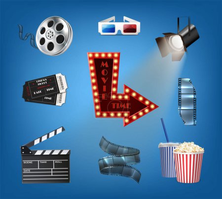 Illustration for 3d realistic style vector icon. Collection of movie cinema icons, 3d glasses, tape, popcorn, clapper, spotlight, arrow. - Royalty Free Image