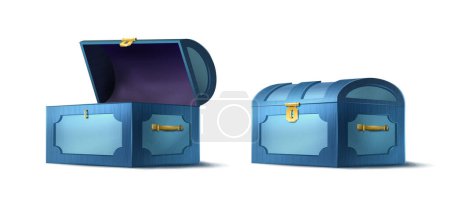 Illustration for Cartoon style vector icon. Wooden treasure chest in blue color opened and closed. Isolated on white background. - Royalty Free Image