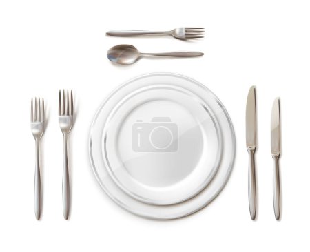 Illustration for Table setting. Dinner table with cutlery, forks, knife and spoon with white plates. realistic vector illustration. - Royalty Free Image