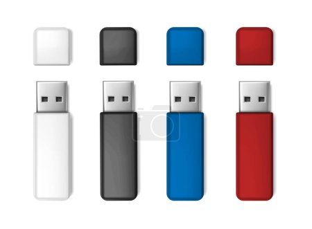 Téléchargez les illustrations : Ensemble d'icône vectorielle réaliste. Blanc, bleu, rouge et noir lecteur flash USB maquette. - en licence libre de droit