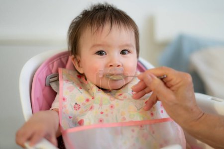 Photo for Woman hand with spoon feeding puree to happy and adorable baby girl in a bib sitting on eating chair in child healthy nutrition and motherhood concept - Royalty Free Image