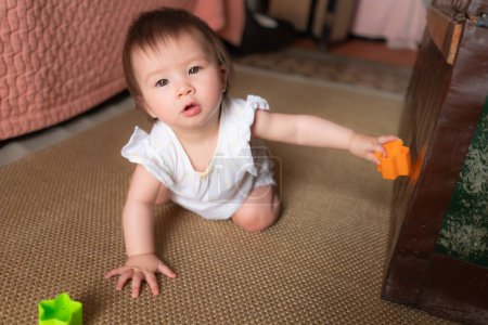 Photo for Lifestyle home portrait of adorable and beautiful Asian Caucasian mixed baby girl playing on the floor with color blocks excited and happy in childhood concept - Royalty Free Image