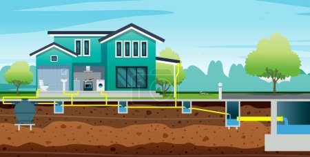 Illustration for A house with a sewerage system to the public pipe. - Royalty Free Image