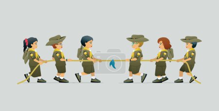 Illustration for Students in scout uniforms doing tug of war against a gray background. - Royalty Free Image