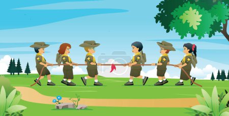 Illustration for Students in scout uniforms are tug of war in a nature park. - Royalty Free Image