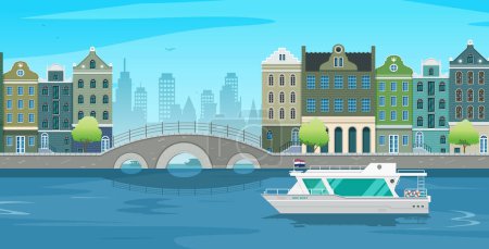 Téléchargez les illustrations : Bâtiments anciens avec un pont sur la rivière à Amsterdam. - en licence libre de droit