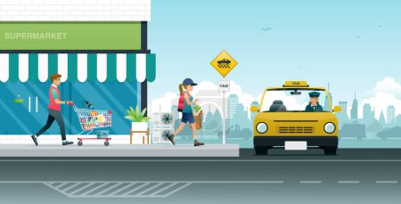 Illustration for Passengers are calling for service at the taxi stand. - Royalty Free Image
