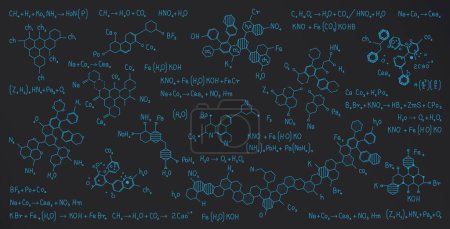 Formules chimiques dessinées à la craie bleue sur un tableau noir.
