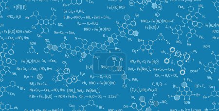 Seamless scientific chemistry formulas on blue chalkboard.
