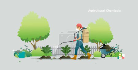 Illustration for Farmers use agricultural chemicals to spray crops. - Royalty Free Image