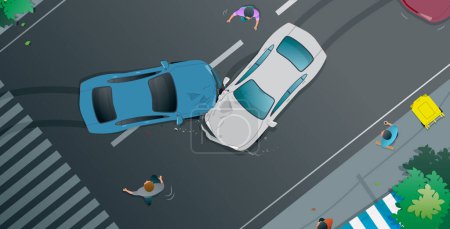 Téléchargez les illustrations : Les gens viennent aider dans l'accident de voiture Top View. - en licence libre de droit