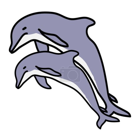 Téléchargez les illustrations : Doodle Caricature de dauphin en cercle, mettant en valeur un dauphin joyeux avec un sourire amical, nageant dans les vagues de l'océan, idéal pour les illustrations de livres pour enfants, les dessins et modèles et les marchandises - en licence libre de droit