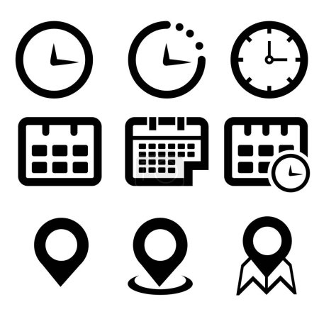 Téléchargez les illustrations : Icônes de gestion des affaires et du temps set vectoriel, icônes Heure, date et lieu set vectoriel - en licence libre de droit