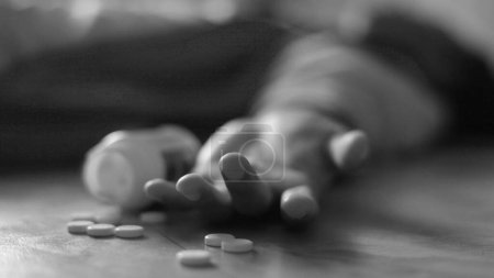 Anonymous man lying on the floor, unconscious or dead due to drugs abuse, focus on fingers with pills, black and white