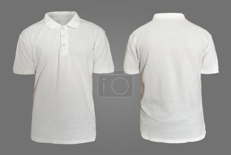 Blank collared shirt mock up template, front and back view,  plain white t-shirt isolated on grey. Polo tee design mockup presentation for print