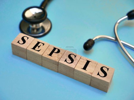 Sepsis, texto tipografía palabras escritas en letra de madera, salud y concepto médico
