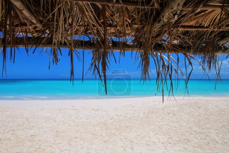Foto de Cabaña de paja en la playa de Fayaoue en la costa de la laguna de Ouvea, Islas Mouli y Ouvea, Islas de Lealtad, Nueva Caledonia
. - Imagen libre de derechos