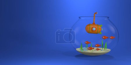 Téléchargez les photos : Bol à poisson dessin animé avec sous-marin et poisson, algues sur fond bleu d'été. Libérez de l'espace pour votre texte. rendu 3D. - en image libre de droit