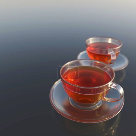 Téléchargez les photos : Two cups of tea isolated on grey background. 3d rendering of mug of tea in simple futuristic style - en image libre de droit