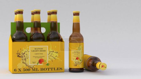 Téléchargez les photos : Lot de six bouteilles de bière à la mangue avec étiquette jaune plus deux bouteilles, bières de fruits tropicaux isolées sur fond blanc avec ombres, rendu 3D, design unique d'étiquette - en image libre de droit