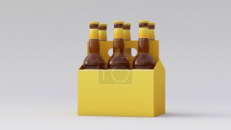Téléchargez les photos : Lot de six bouteilles de bière avec étiquette jaune amphibie, bières jaunes six paquets isolées sur fond blanc avec ombres, rendu 3d, design unique d'étiquette - en image libre de droit