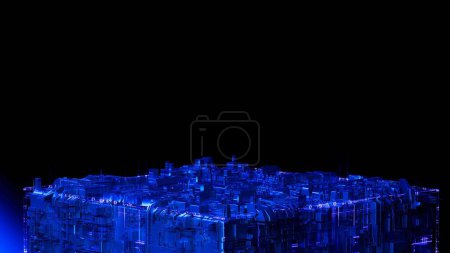 Téléchargez les photos : Plateforme bleue de science-fiction sur fond noir en gros plan. Un podium futuriste. Cube numérique. 3d rendu. - en image libre de droit