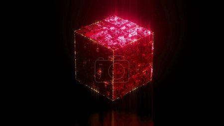 Téléchargez les photos : Cube de science-fiction rouge sur fond noir. Coin cube. Lumière LED rouge. 3d rendu. - en image libre de droit