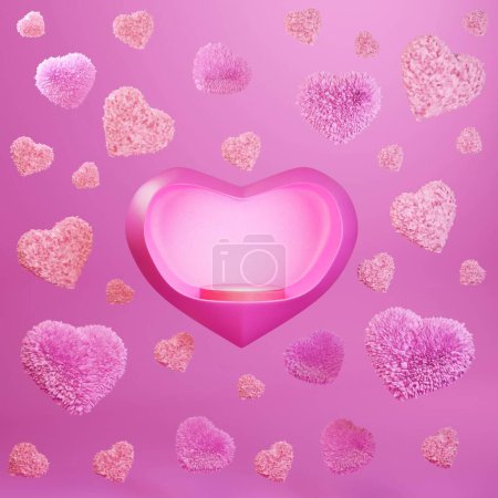 Téléchargez les photos : Support rose en forme de cœur avec espace libre pour votre produit ou texte. Fond rose abstrait glamour avec des cœurs moelleux. Carte de vœux romantique Vaneltine's Day. Vibe d'amour. rendu 3D. - en image libre de droit