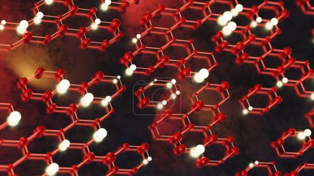 Téléchargez les photos : Illustration 3D de molécule abstraite, fond hexagonal en rouge et noir. Structure moléculaire. concept médical pour la science, la médecine, la chimie. - en image libre de droit
