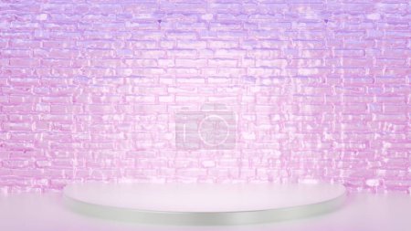 Téléchargez les photos : Podium vide violet rose et piédestal pour l'affichage du produit, fond abstrait avec mur de briques rose brillant, stand de cosmétiques, podium de mode girly glamour, rendu 3D. - en image libre de droit