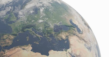 Foto de Mirada espacial realista de la región europea de la Tierra sobre fondo blanco. Mapa de Europa. Elementos de esta imagen proporcionados por la NASA. Renderizado 3D - Imagen libre de derechos