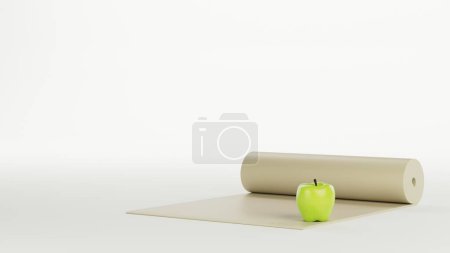 Téléchargez les photos : Pomme verte et yoga math en couleur beige isolé sur fond blanc. Concept de fitness et mode de vie sain, rendu 3d - en image libre de droit