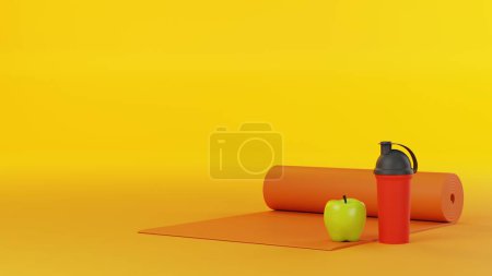 Téléchargez les photos : Appareils de fitness lumineux. Pomme verte, bouteille shaker rouge et orange yoga math isolé sur fond jaune vif. Le sport dans notre vie. Concept de fitness et mode de vie sain, rendu 3d - en image libre de droit