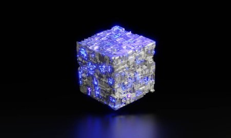 Silver sci fi cube with blue purple neon glow on black background. Futuristic element, concept of new technolories. 3D rendering of one cube