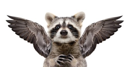 Photo for Portrait of a inspired raccoon with wings behind its back isolated on a white background - Royalty Free Image