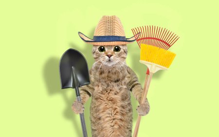 Foto de Retrato de un gato en un sombrero de paja con una herramienta de jardín en sus manos - Imagen libre de derechos